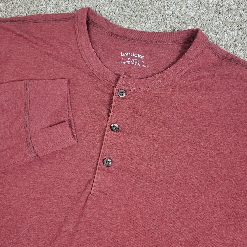 Untuckit Mens XL Solid Red Stretch Knit‎ Henley Long Sleeve